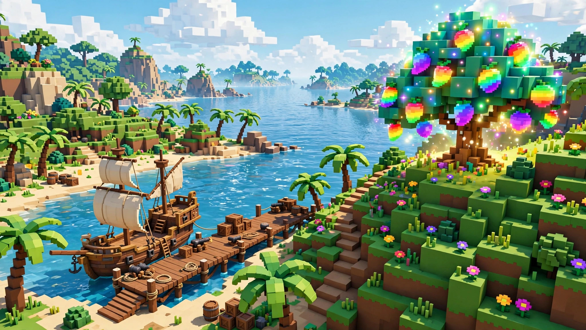 Tropical blocky pirate island harbor with a voxel ship and a glowing magical fruit tree, the kind of world a blox fruit script is used to explore and farm in