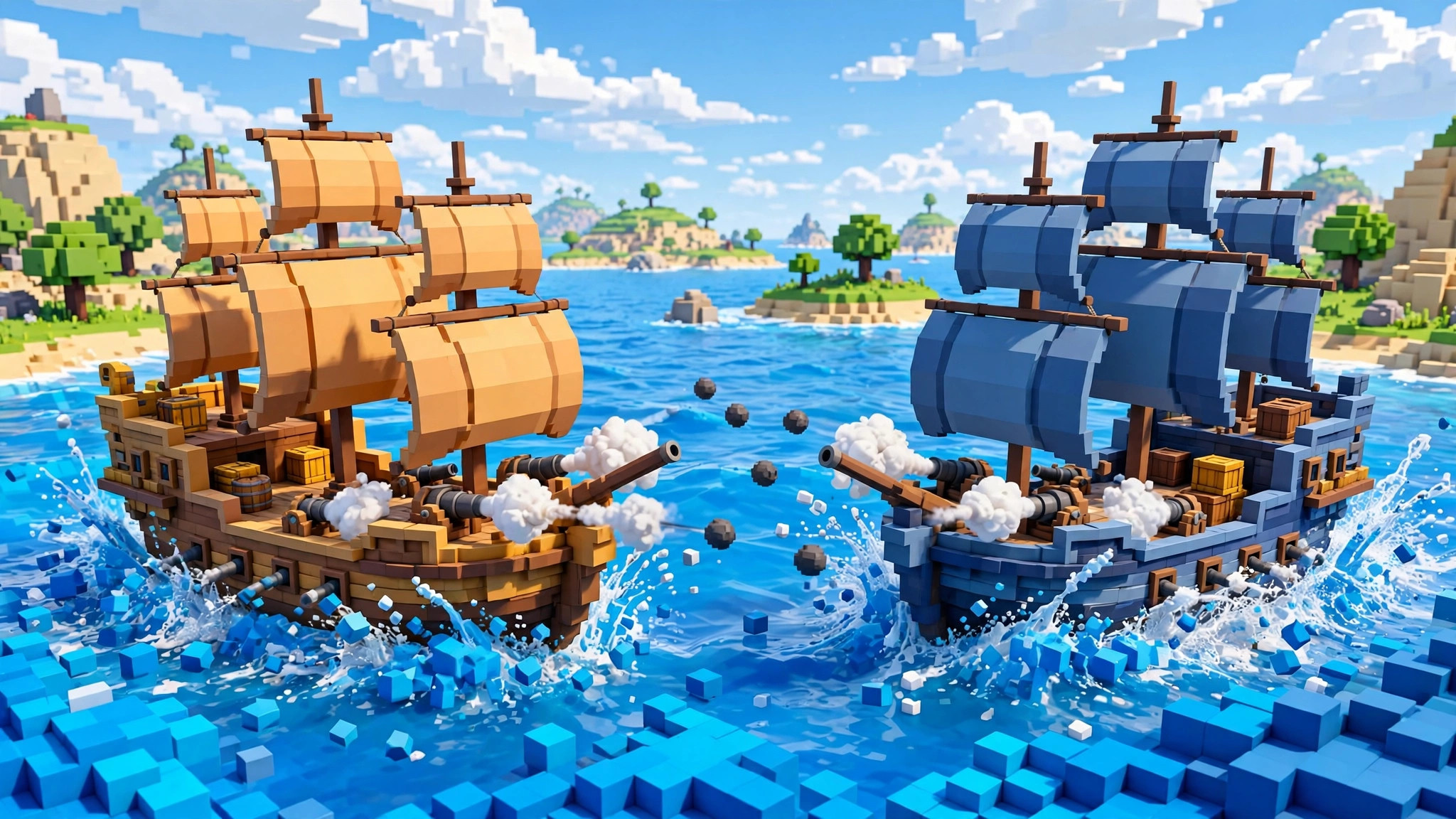 Naval battle between two blocky pirate ships exchanging cannon fire on a bright voxel ocean