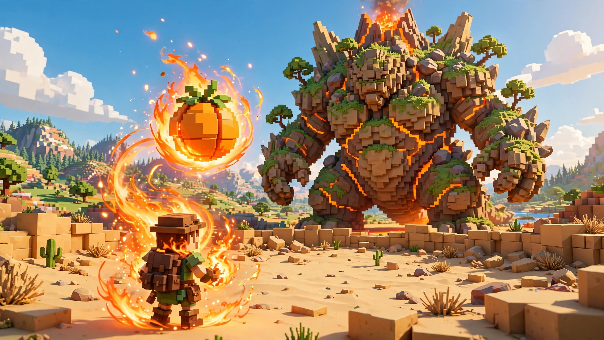 Blocky hero wreathed in a glowing flame fruit power aura facing a giant island boss on a sandy arena