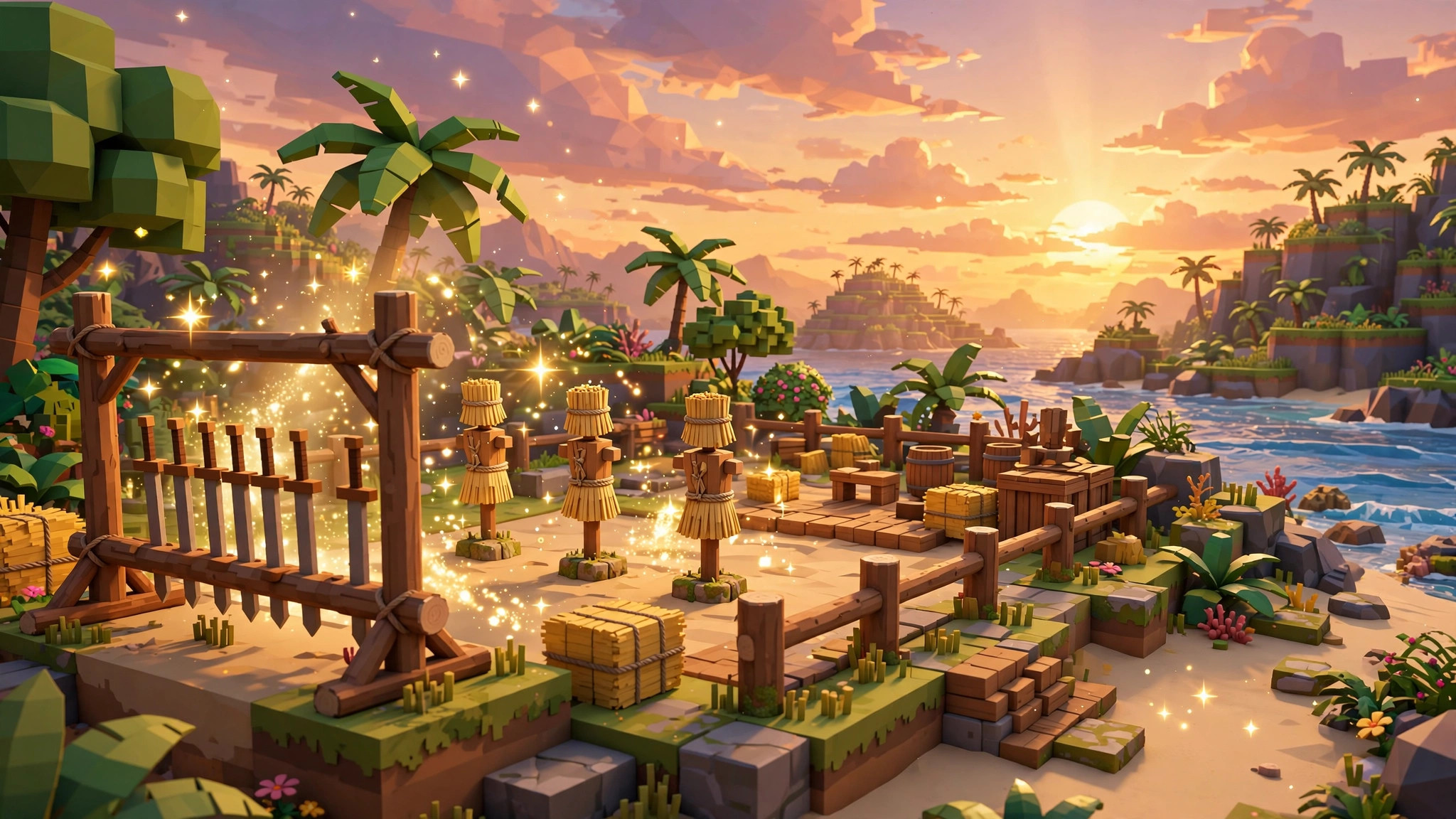 Open-air island training ground with sword racks, practice dummies and golden mastery sparkles at sunset