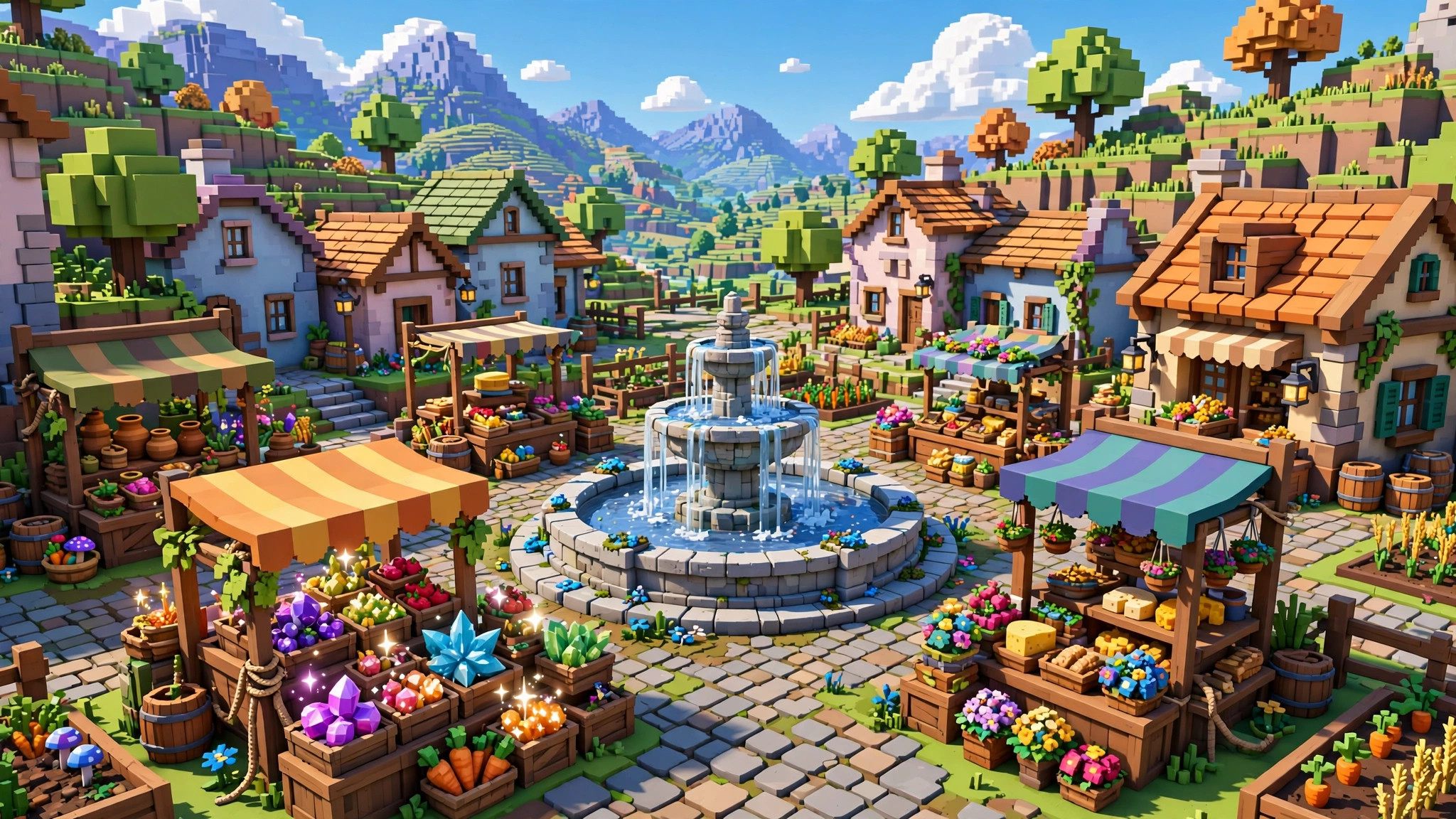 Busy blocky hub town square with market stalls and a magical fruit vendor stand, the central hub most bloxfruits script sessions start from