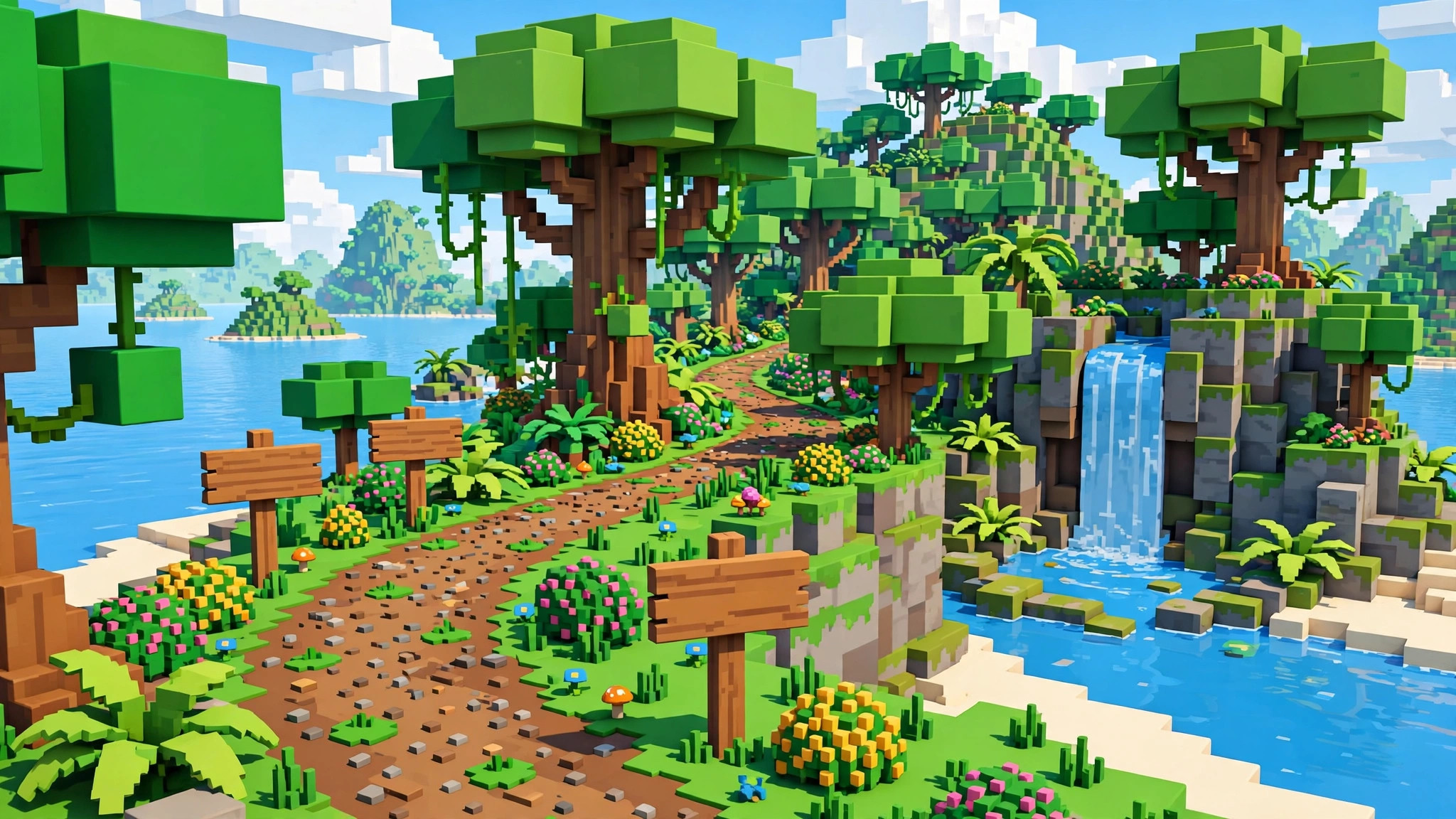 Lush voxel jungle island quest area with giant blocky trees, a dirt path and a waterfall