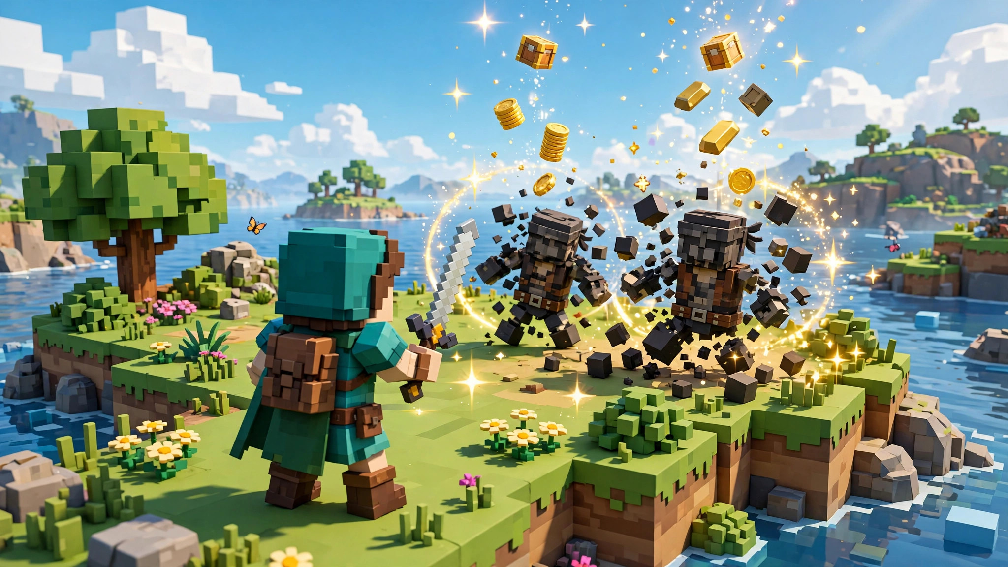 Blocky hero defeating voxel bandits while golden experience sparkles and loot cubes float upward