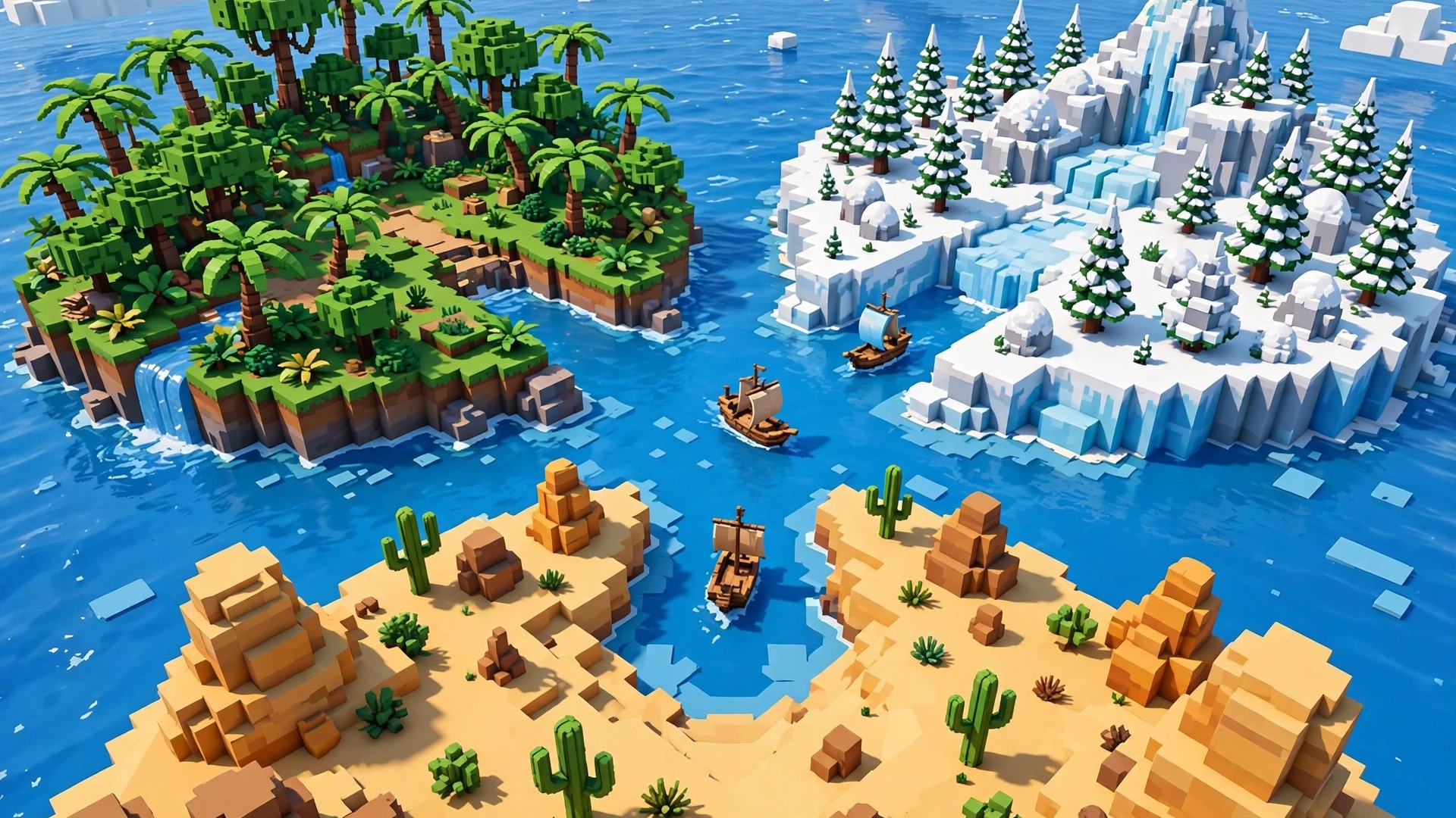 Voxel ocean crossroads where a jungle island, a desert island and a snowy island meet, with small ships sailing between them