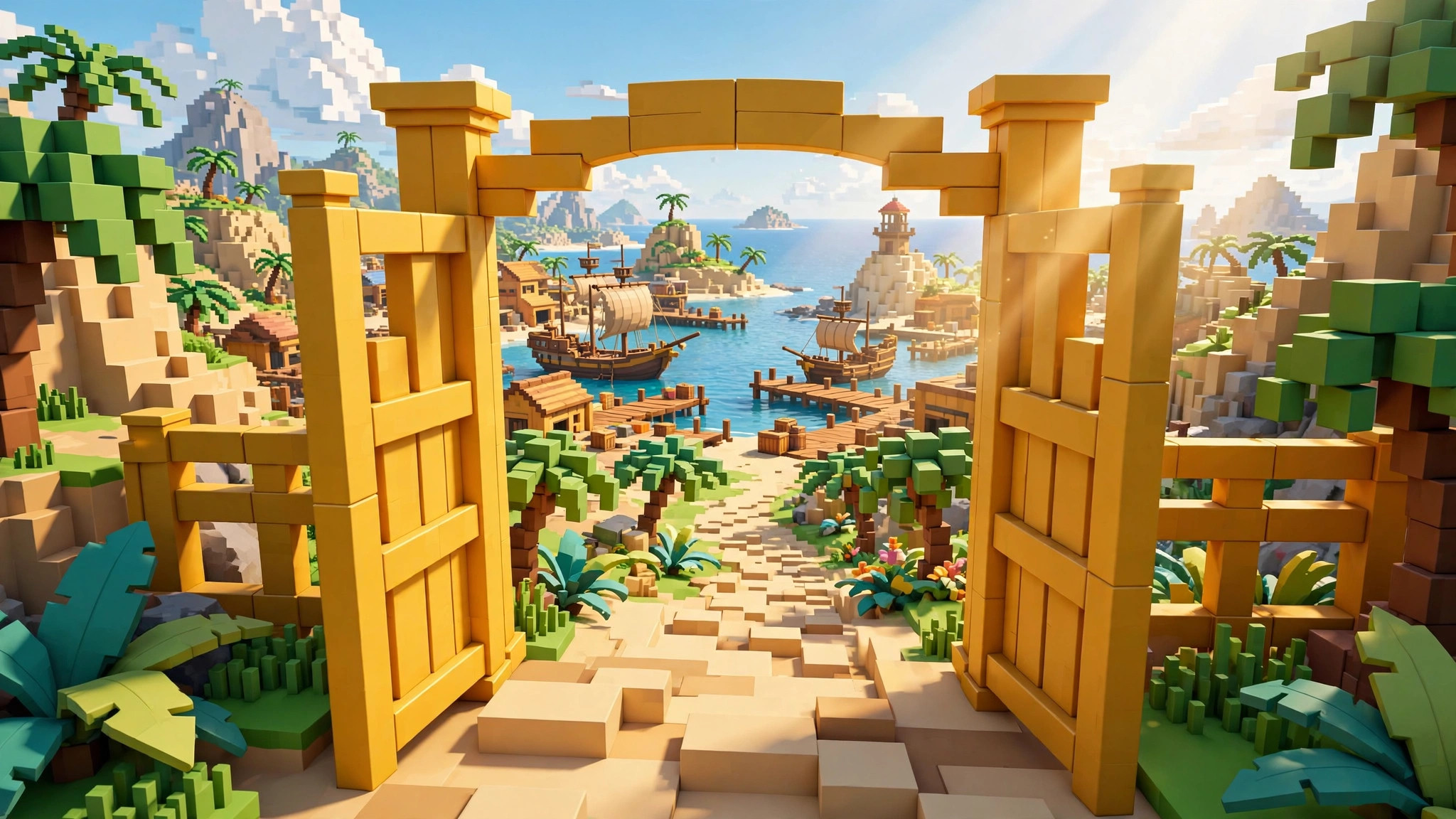 Wide-open golden gate with no lock on a blocky island path, the instant-access idea behind a blox fruits script no key setup