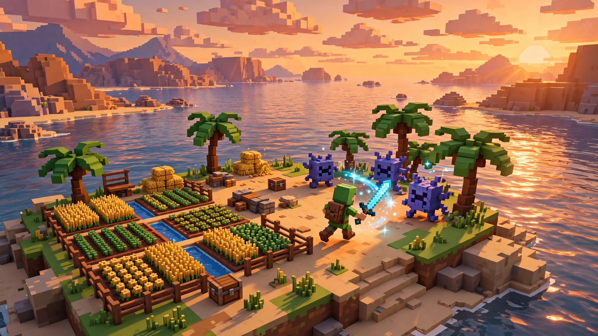 Blocky island farming spot at sunset with a voxel hero swinging a glowing sword among palm trees