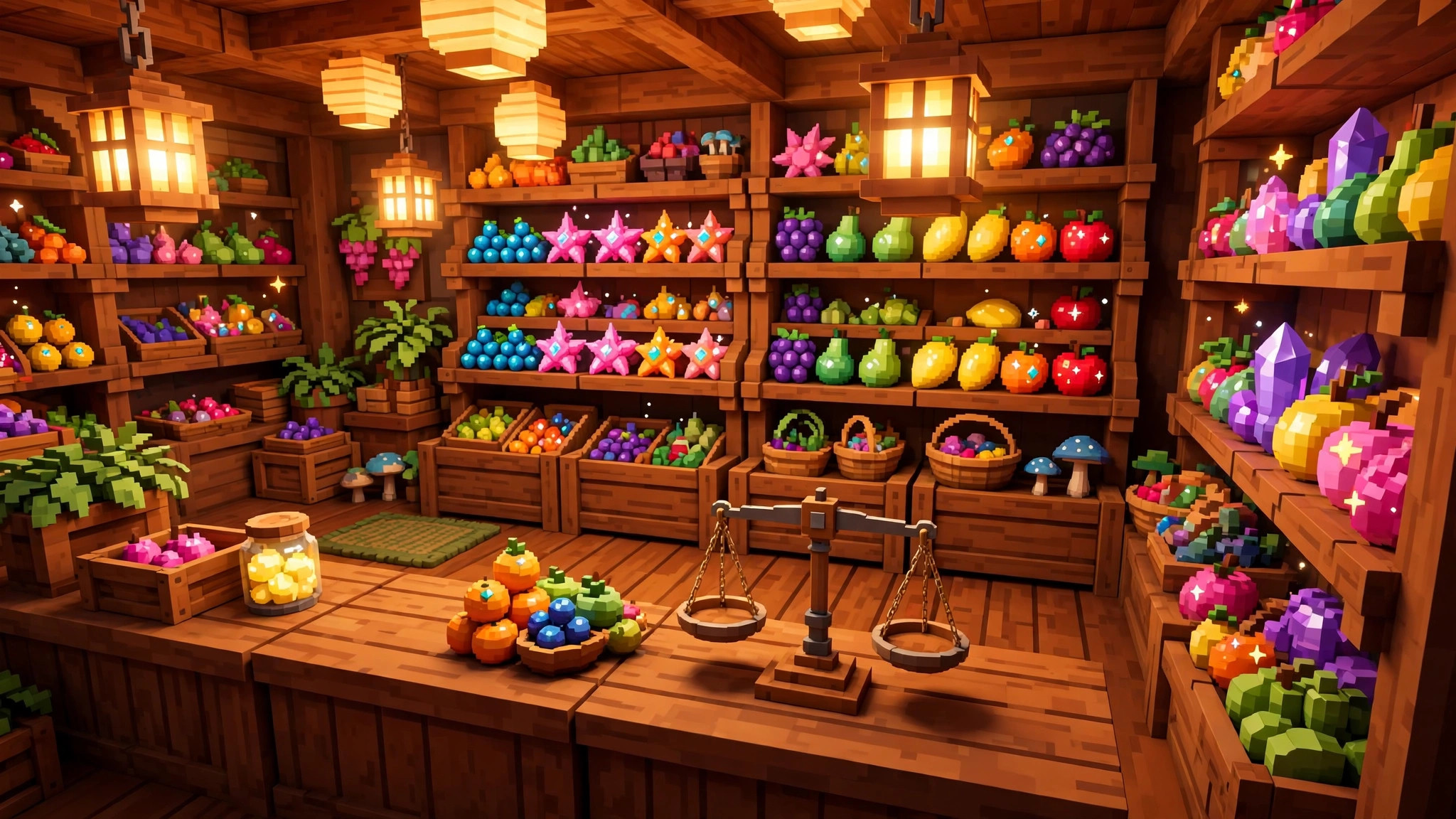 Cozy blocky fruit shop interior with wooden shelves of colorful magical fruits and warm lantern light