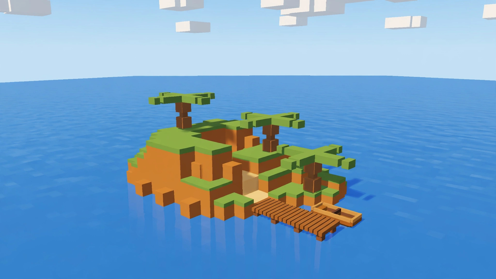 Small simple low-detail blocky island with a tiny dock and boat, like the game running on low graphics settings on a budget device