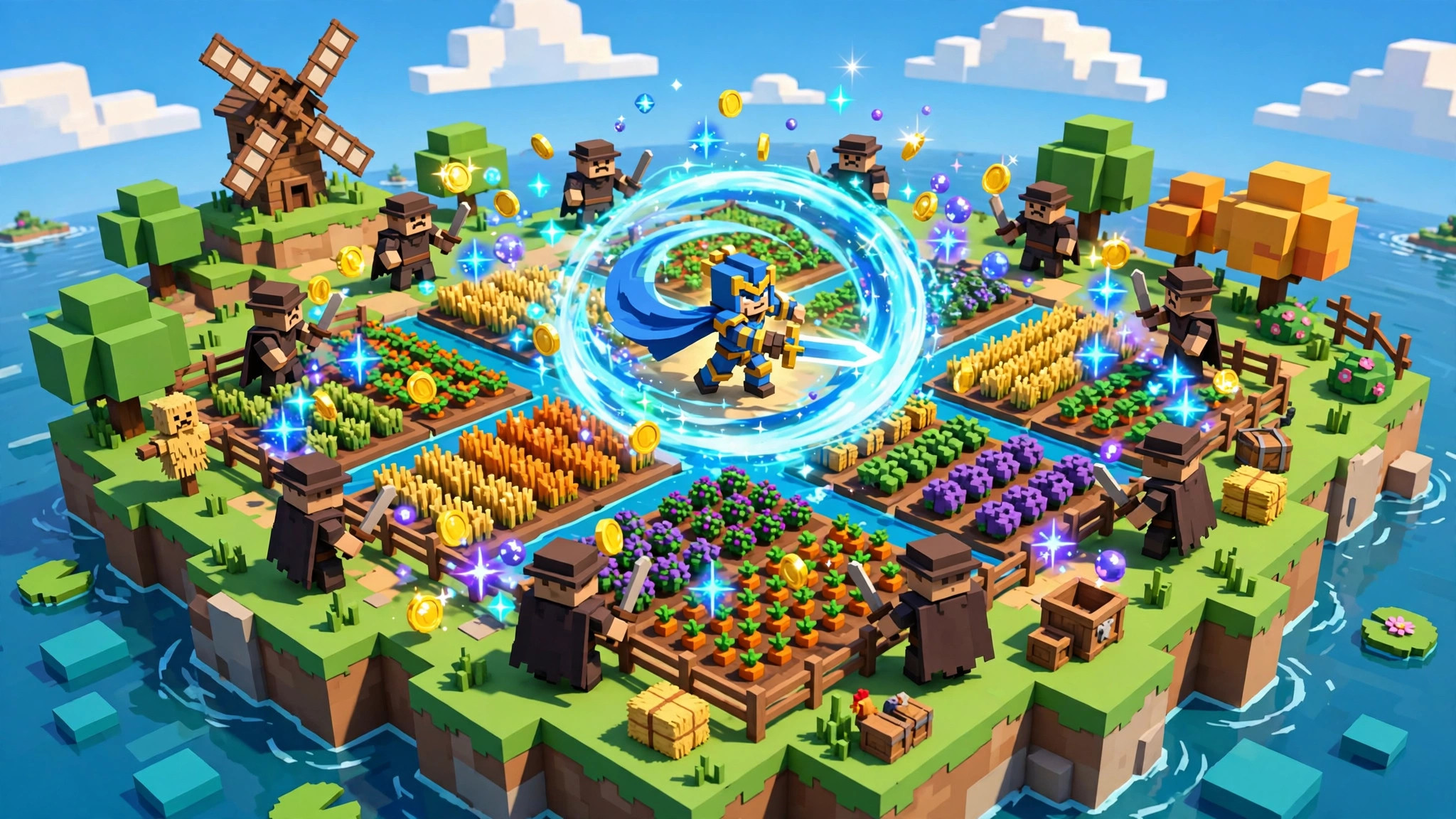 Voxel hero spinning in a glowing circular sword attack while farming coins and experience from bandits, the autofarm loop most hack blox fruit searches are really about