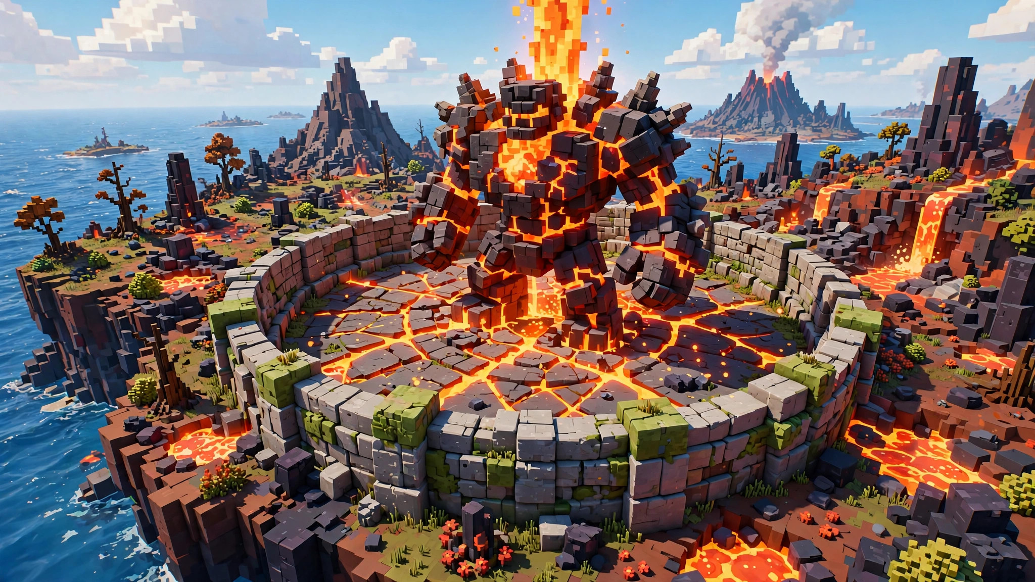 Circular stone boss arena on a volcanic voxel island with a giant blocky boss and glowing lava cracks