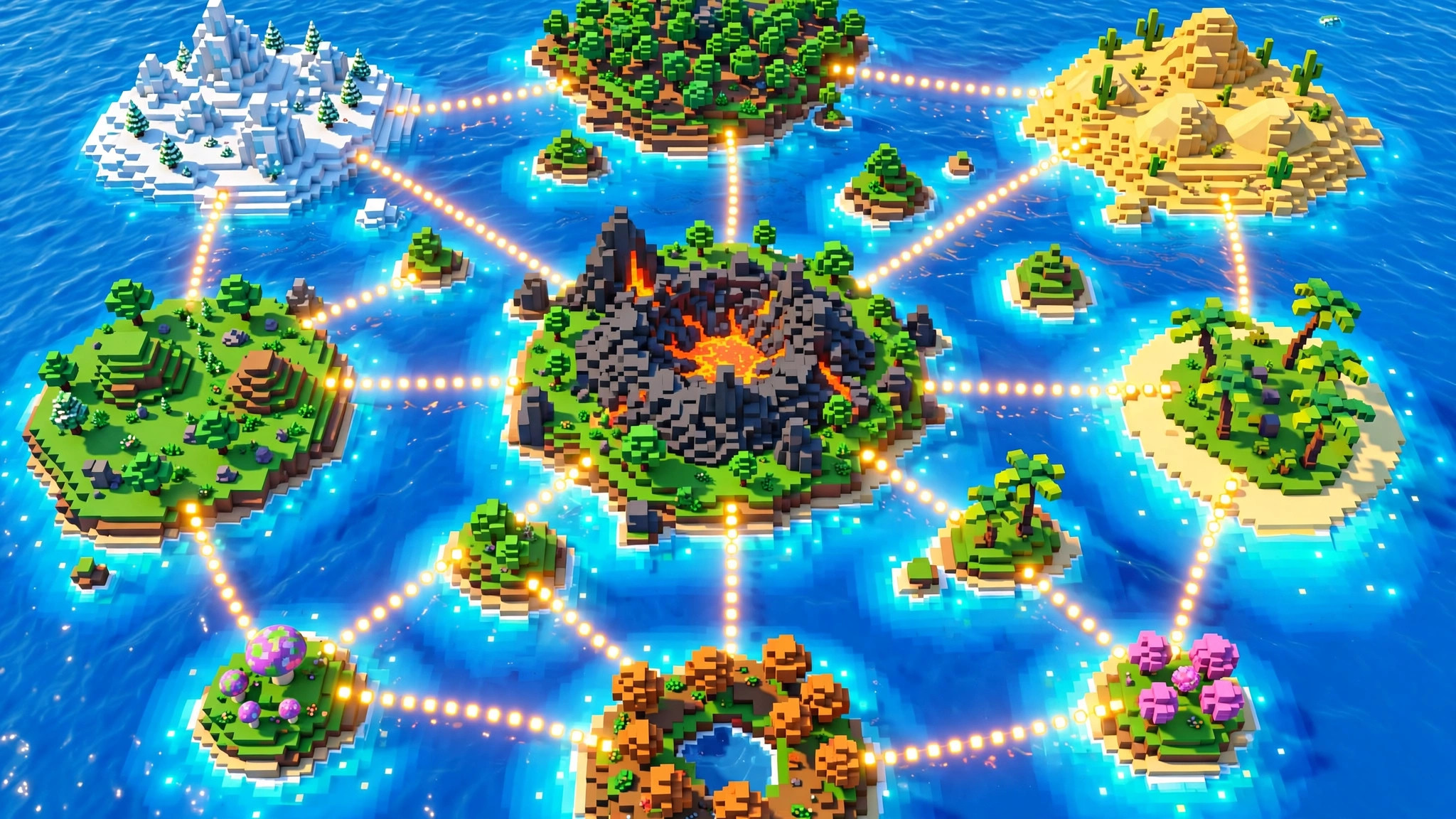 Aerial view of a voxel ocean world map with blocky islands connected by glowing fast-travel routes