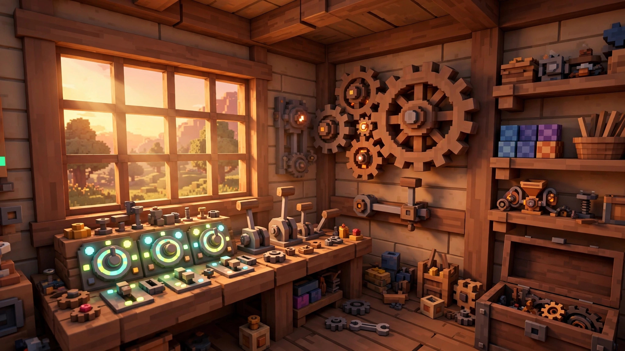 Blocky tinkerer's workshop with wooden gears, levers and glowing dials, representing careful settings tuning