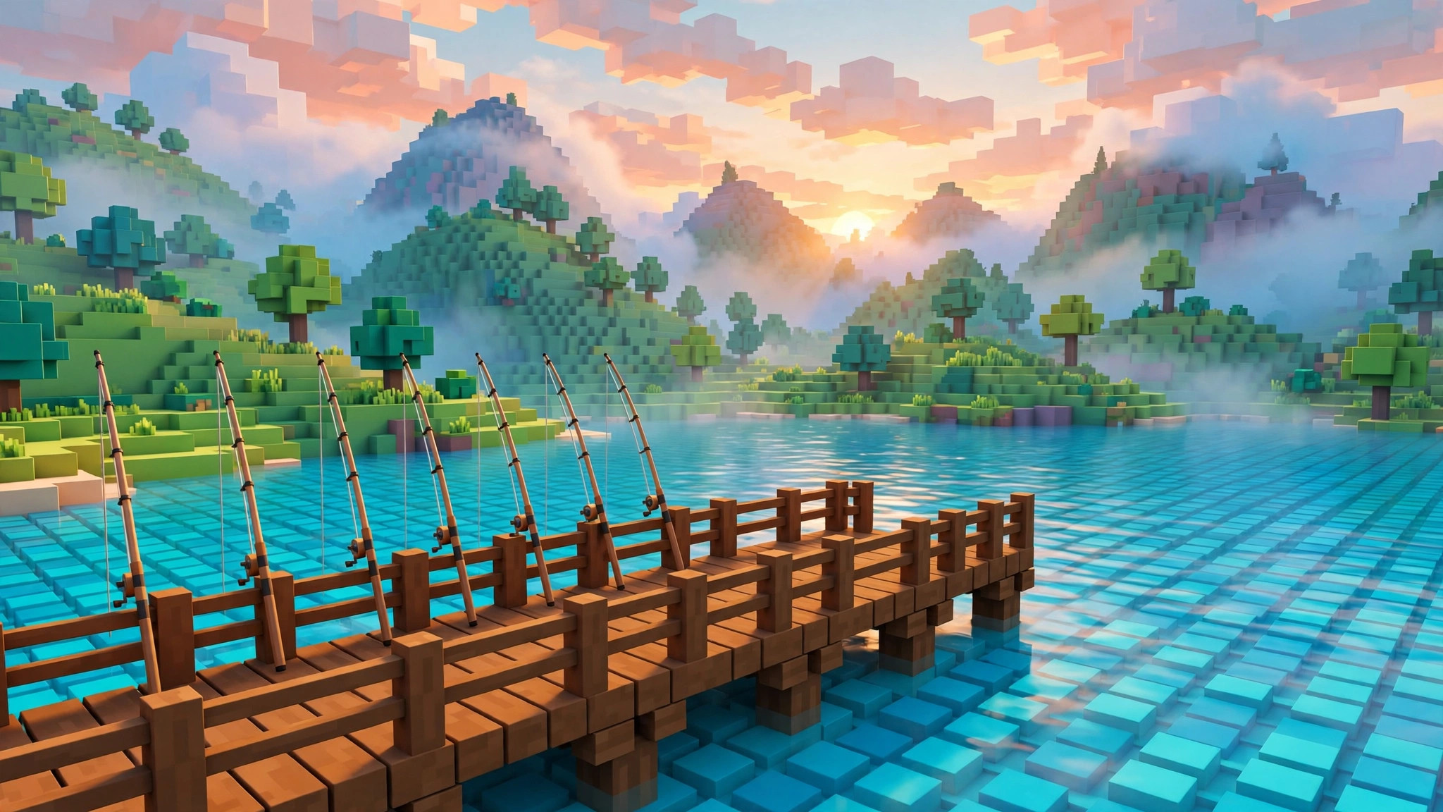 Peaceful blocky lakeside fishing dock at sunrise with rods lined up along the pier, a typical spot where a fisch script automates casting and reeling