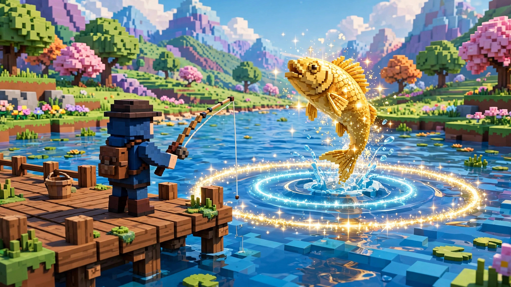 Blocky angler casting from a voxel dock as a rare golden fish leaps from a glowing ripple ring