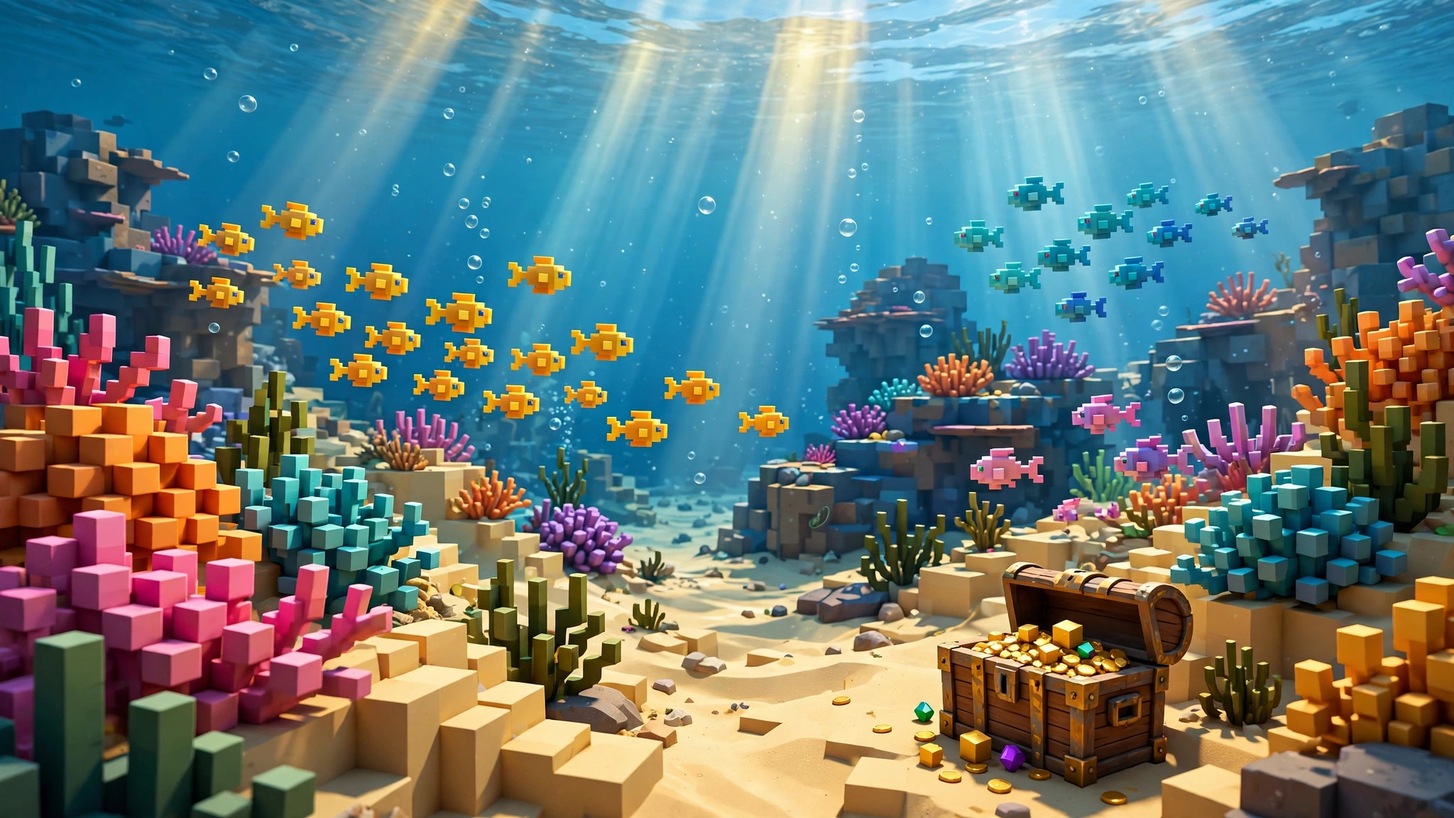 Underwater voxel scene with schools of colorful blocky fish, cube coral and a treasure chest on the sand
