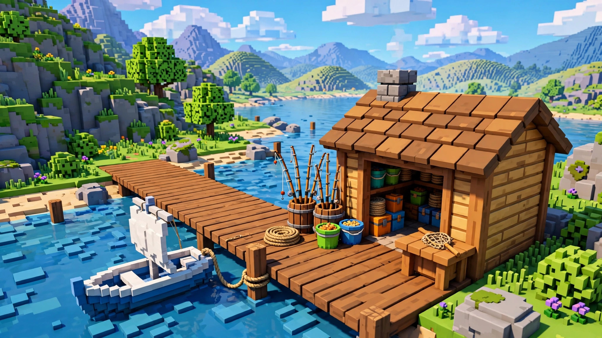 Small blocky fishing shop hut by the harbor with rods in barrels, bait buckets and a voxel boat outside
