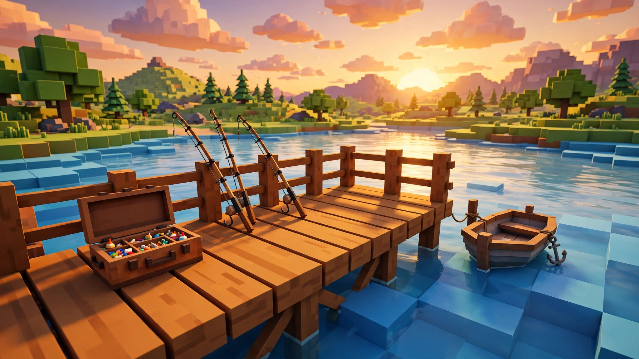 Golden-hour voxel fishing pier with an open tackle box and spare rods, ready for a fisch script no key session with no key system to unlock first