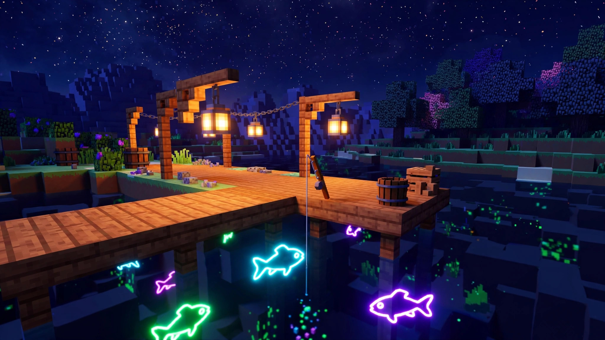 Night fishing on a lantern-lit blocky pier with glowing neon fish under the dark voxel water