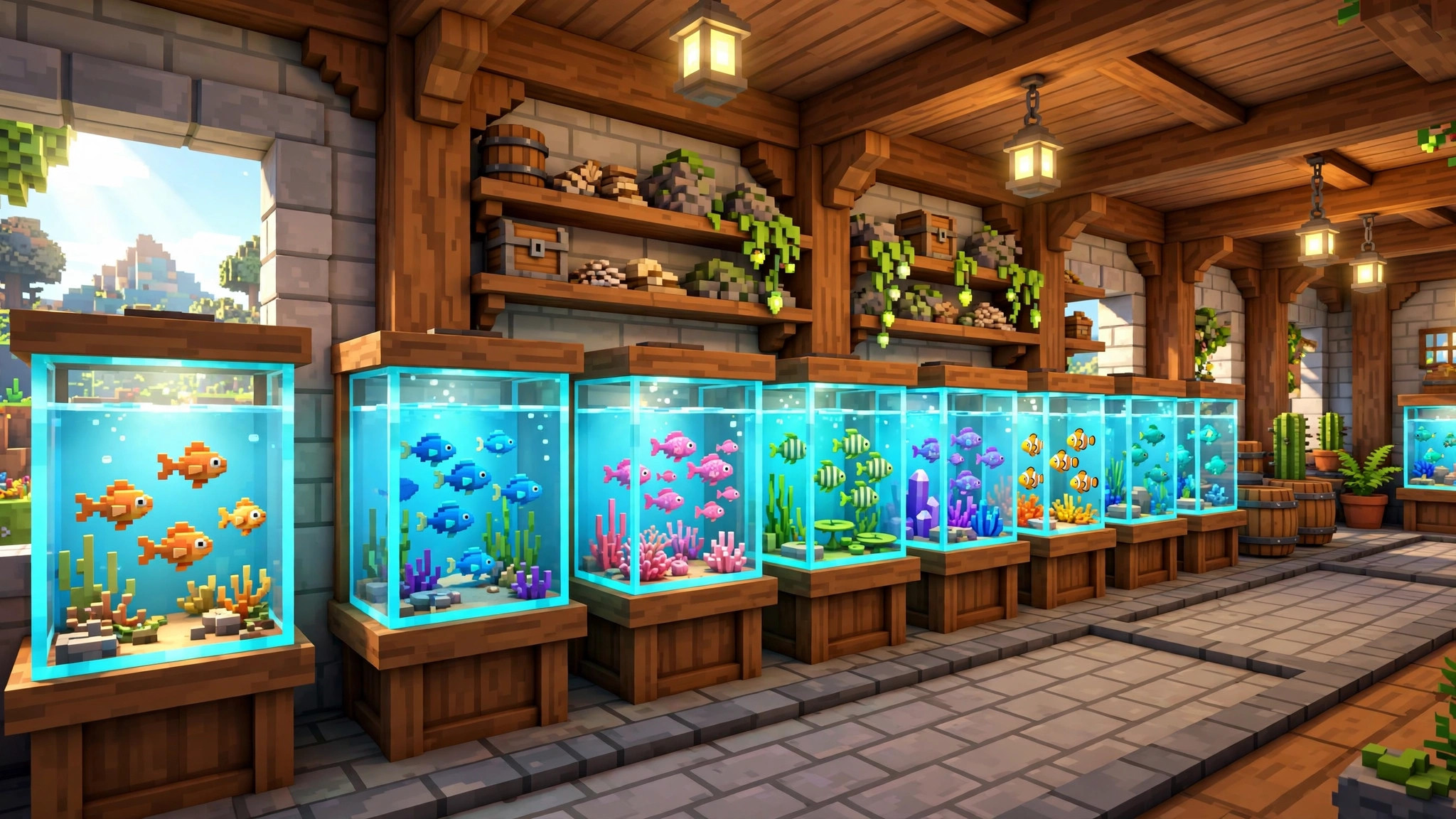 Row of glowing aquarium tanks in a blocky collection hall displaying colorful caught voxel fish