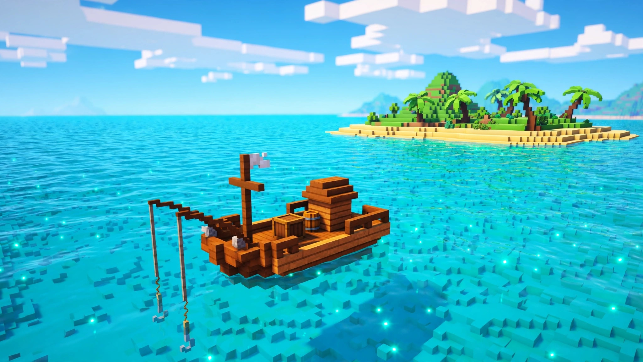 Small blocky fishing boat drifting on a calm turquoise voxel ocean with lines trailing in the water