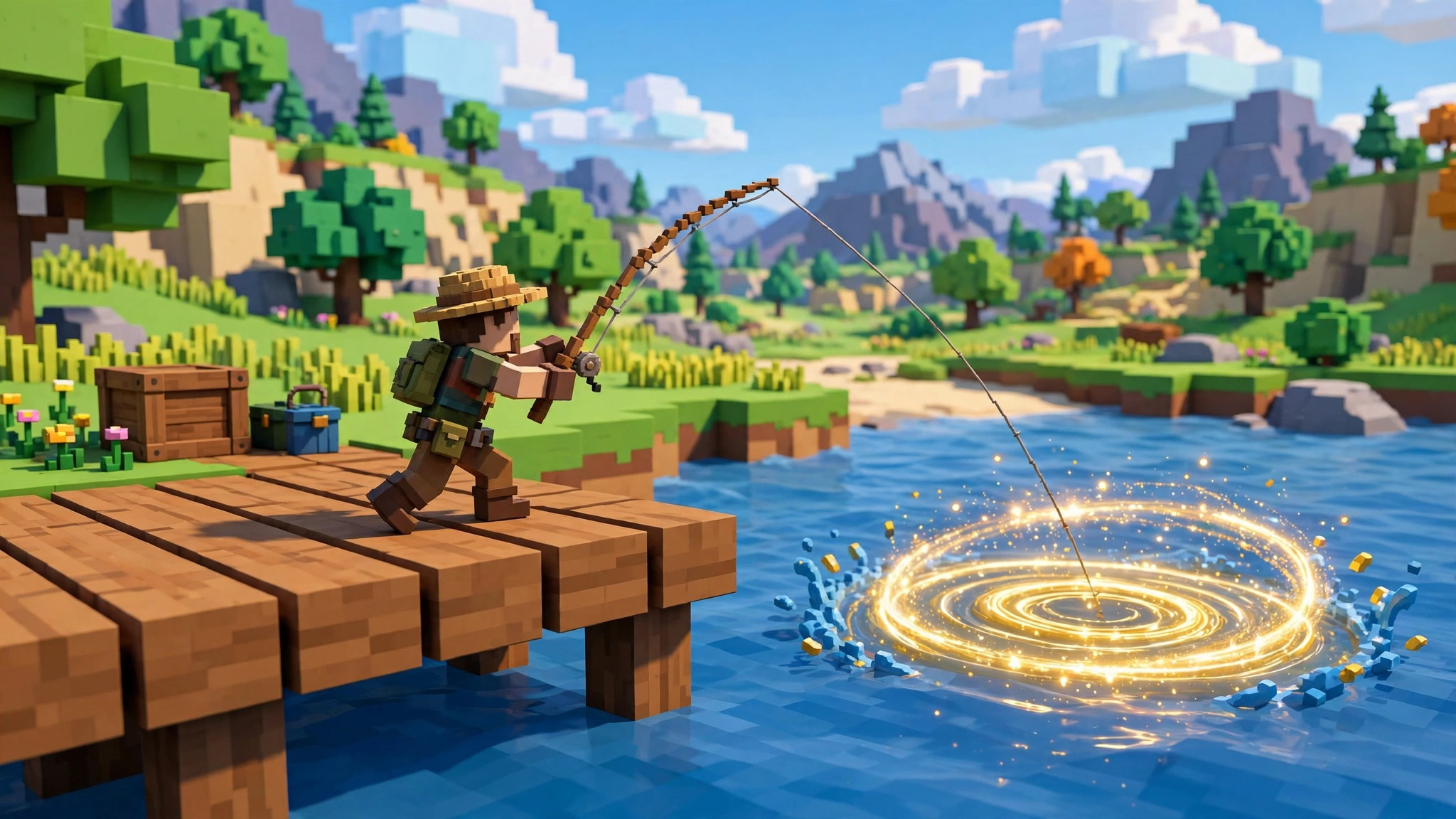 Blocky angler mid-cast with rod bent and line arcing toward a glowing golden ripple ring, the exact moment a fisch perfect cast tries to land every time