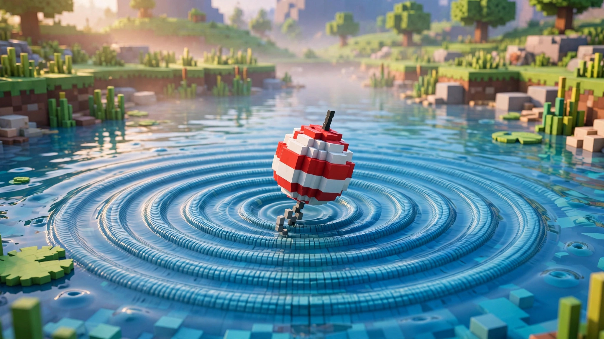 Close view of a blocky fishing bobber on voxel water with perfect concentric ripple rings spreading outward