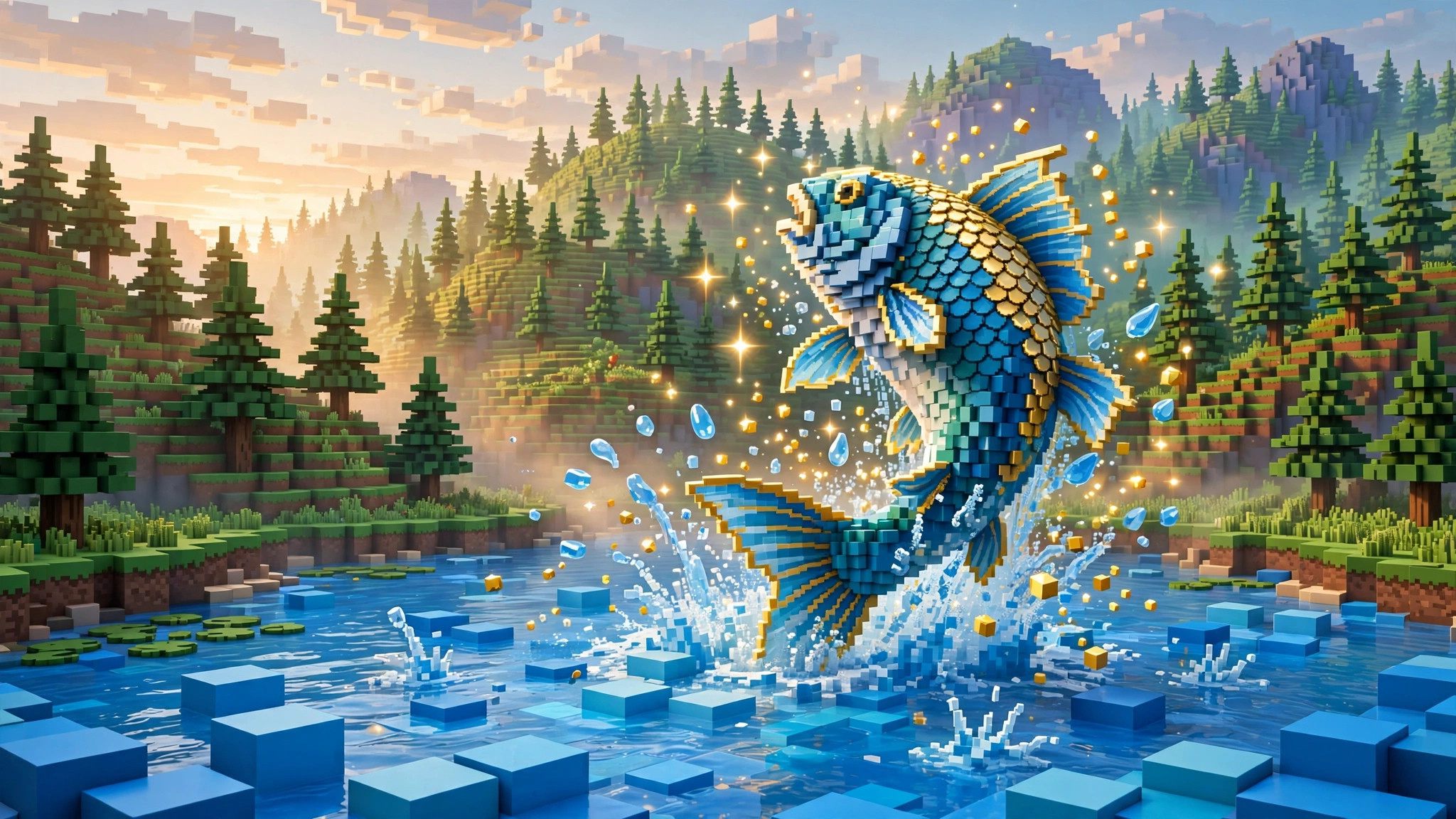 Huge legendary voxel fish leaping from a blocky lake at dawn surrounded by golden sparkles