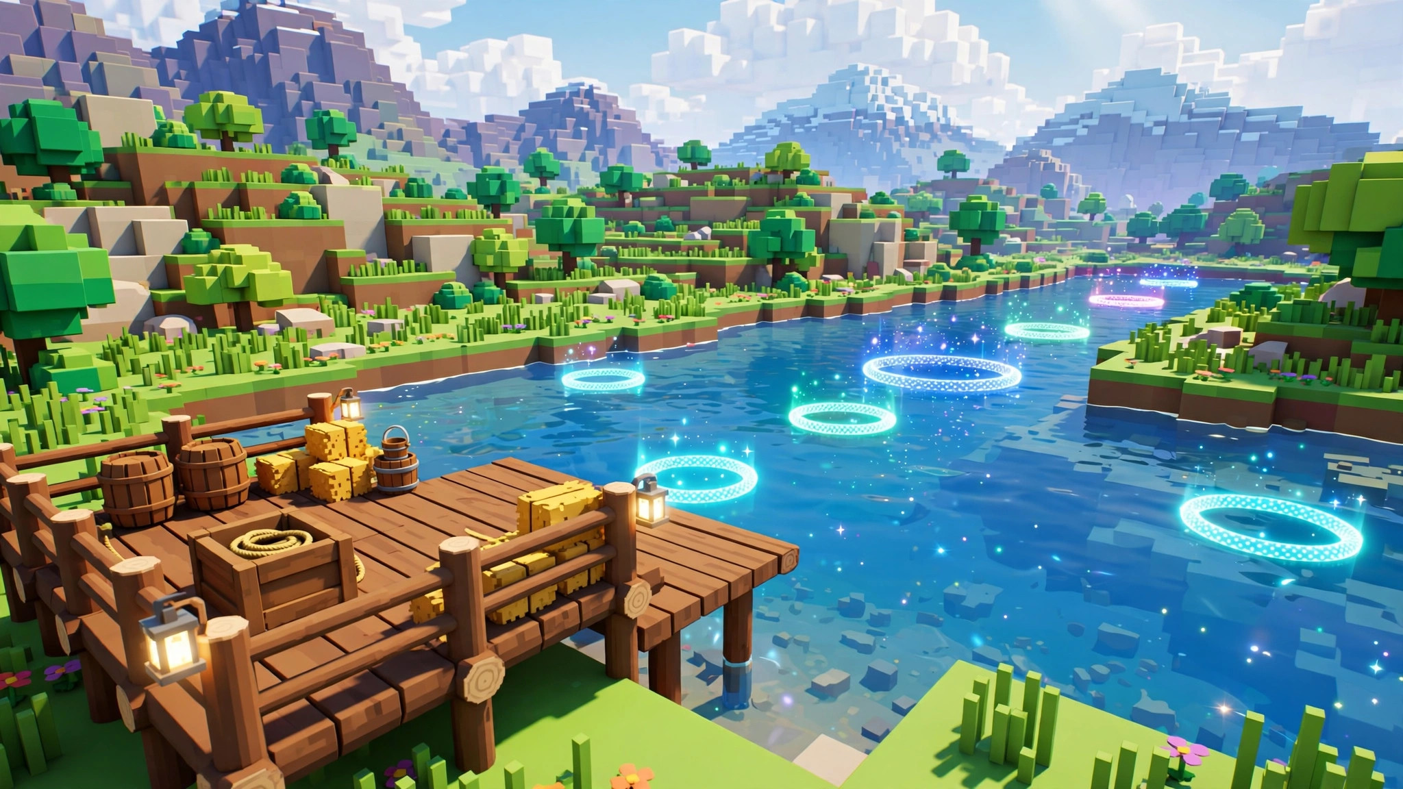 Casting practice range beside a blocky river with glowing target rings floating at different distances