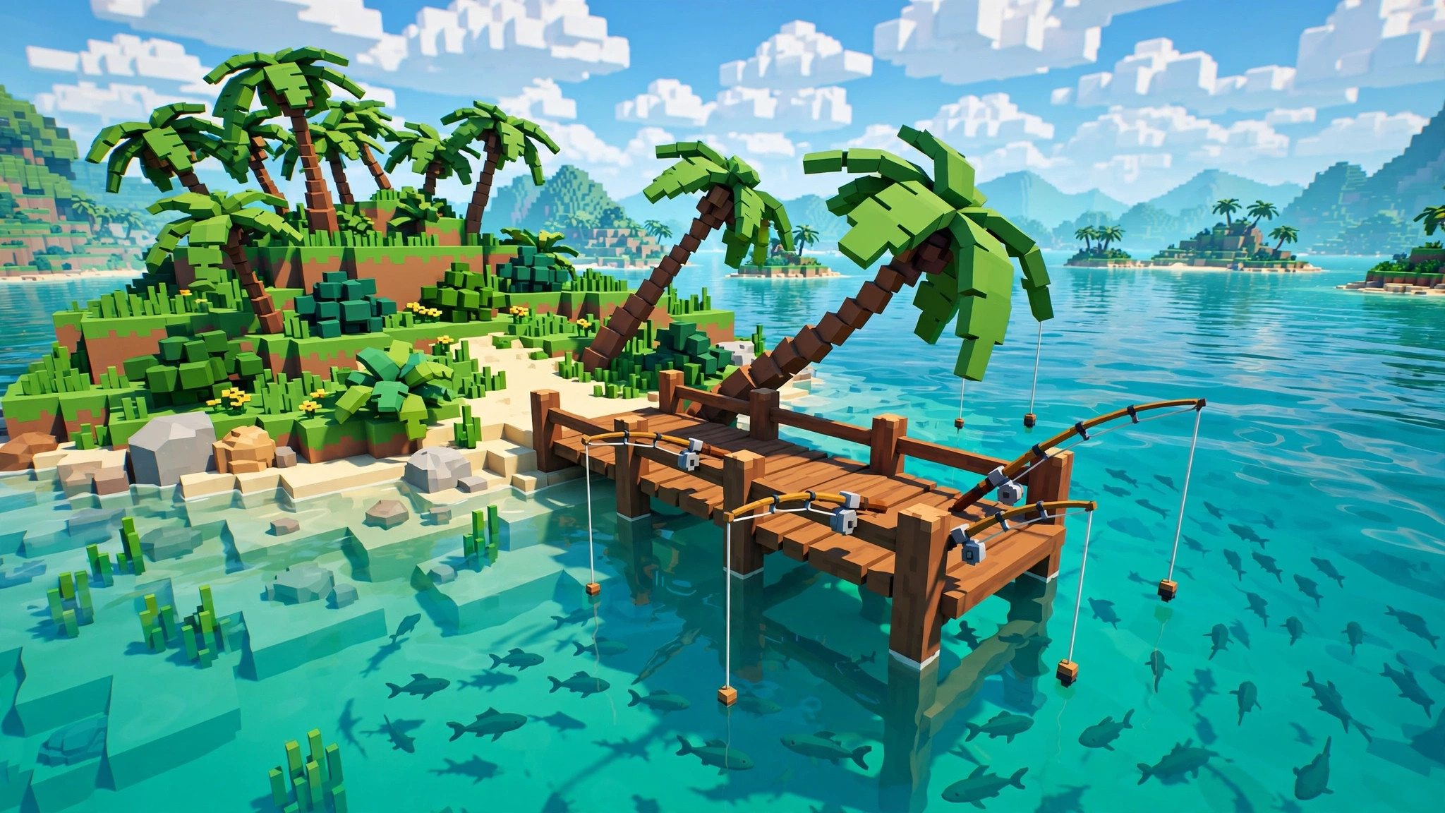 Tropical blocky island fishing pier with rods on the railing and fish shadows in teal water, a classic fish it script farming spot