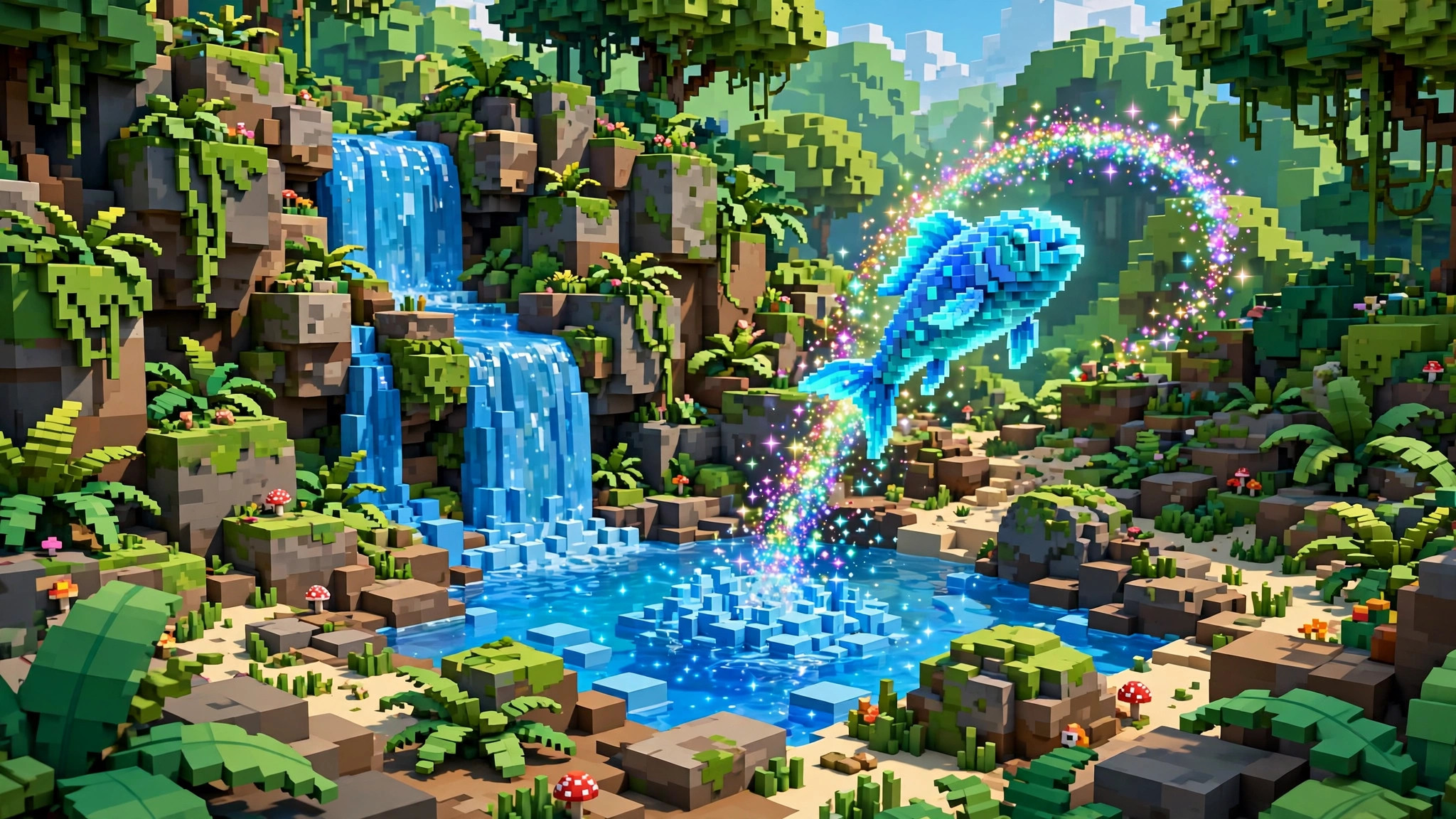 Rare glowing voxel fish leaping from a waterfall pool with rainbow sparkles trailing behind it
