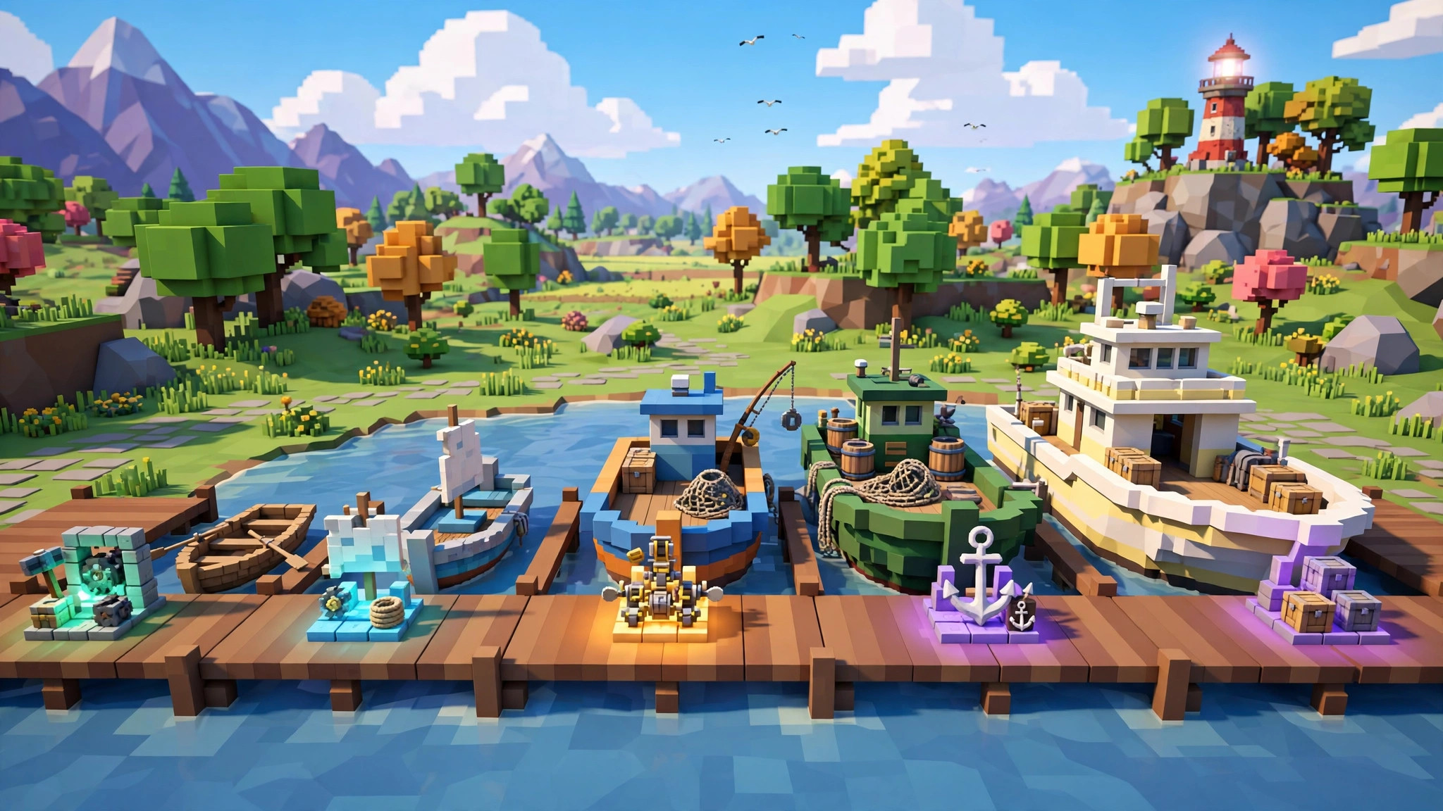 Progression dock with voxel boats lined up from a tiny rowboat to a large fishing yacht, showing the unlock path