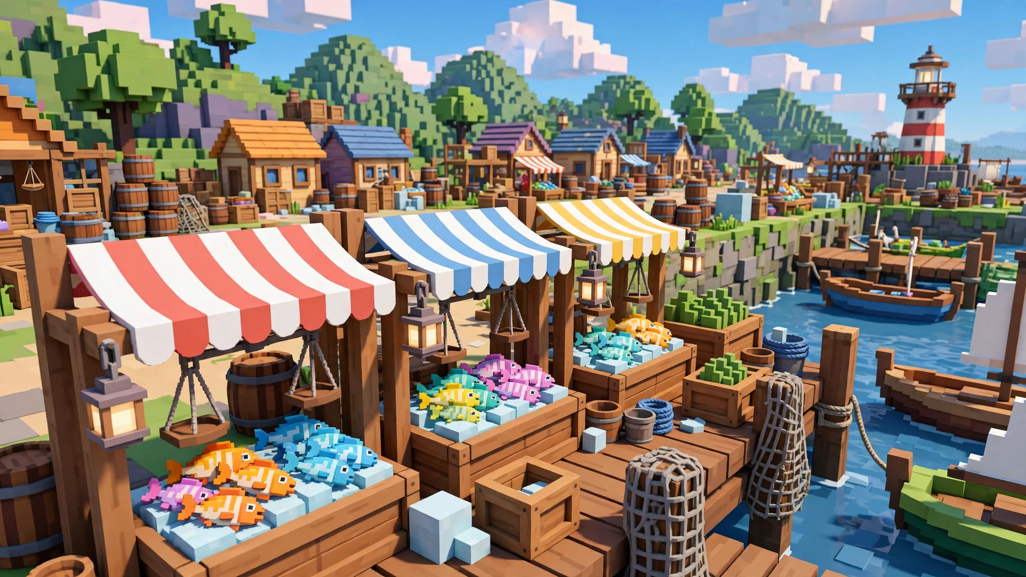 Lively blocky fish market with crates of colorful voxel fish on ice under striped awnings