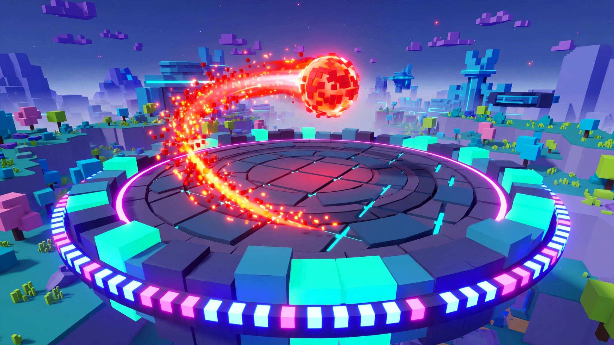 Futuristic circular voxel arena with a glowing red energy ball hovering mid-air, the core scene every blade ball script is built around for auto parry timing