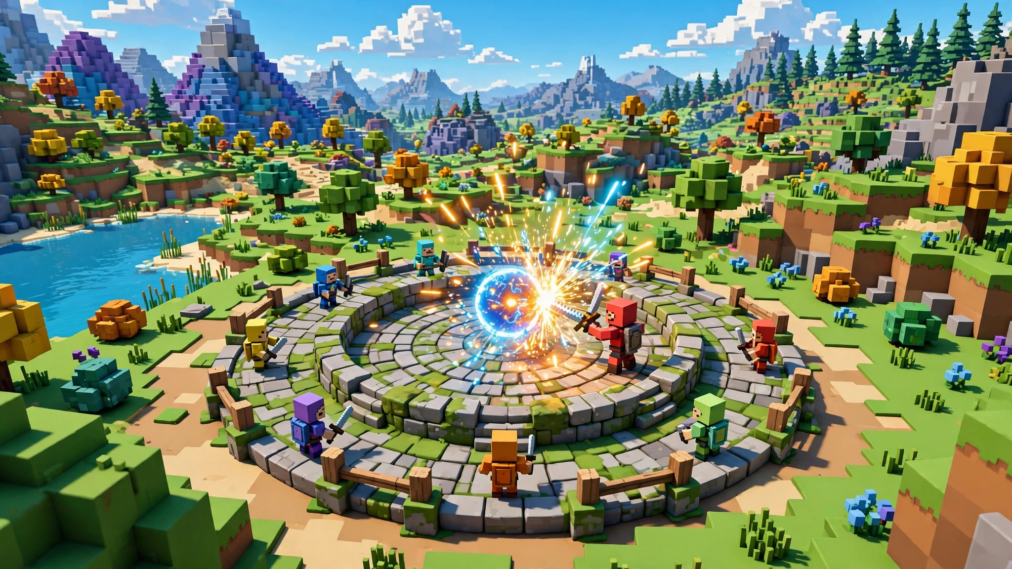 Circle of blocky players around an arena platform as one deflects the glowing energy ball in a burst of sparks