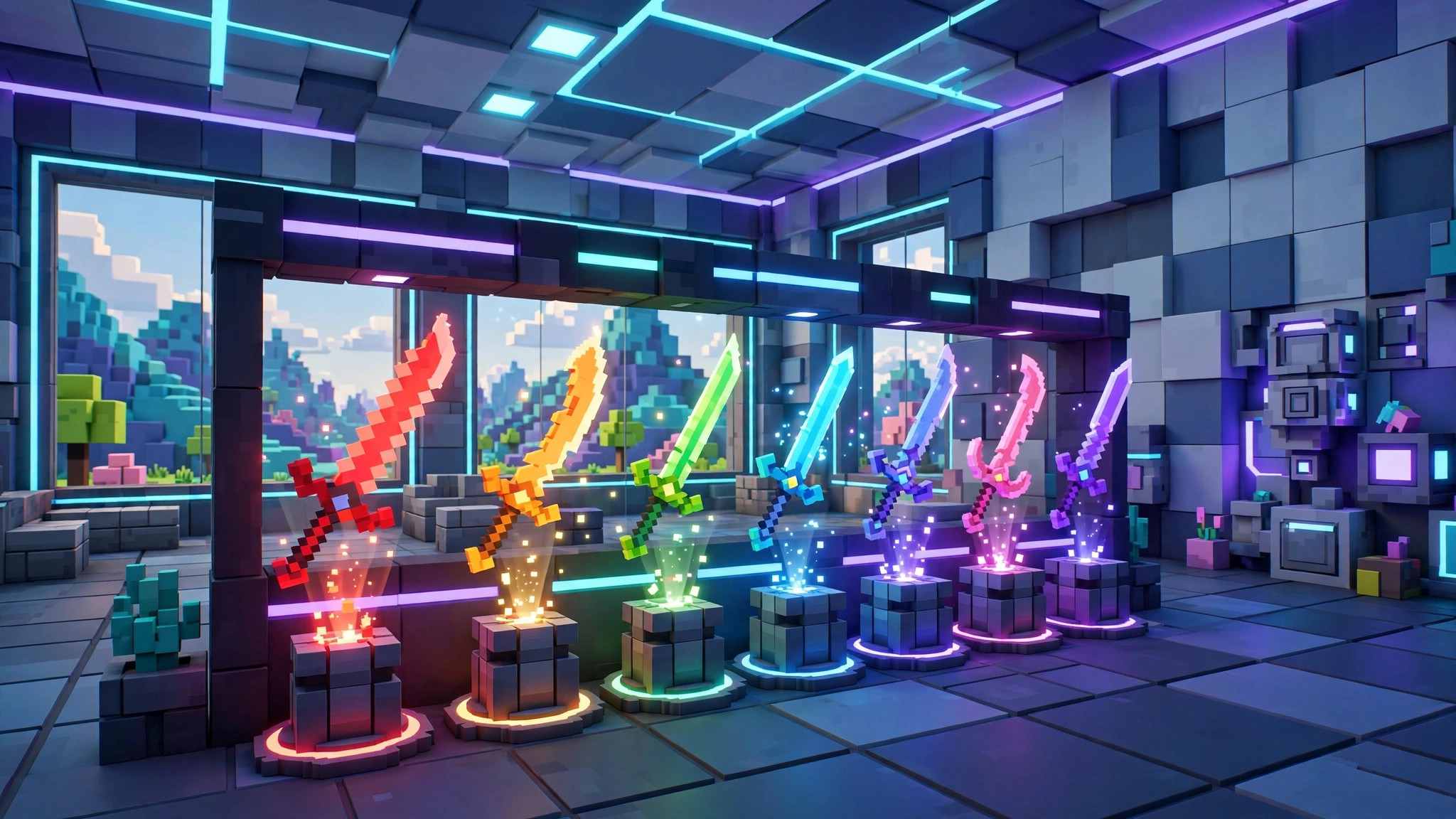 Display rack of glowing voxel swords in different colors hovering over pedestals in a futuristic blocky lobby