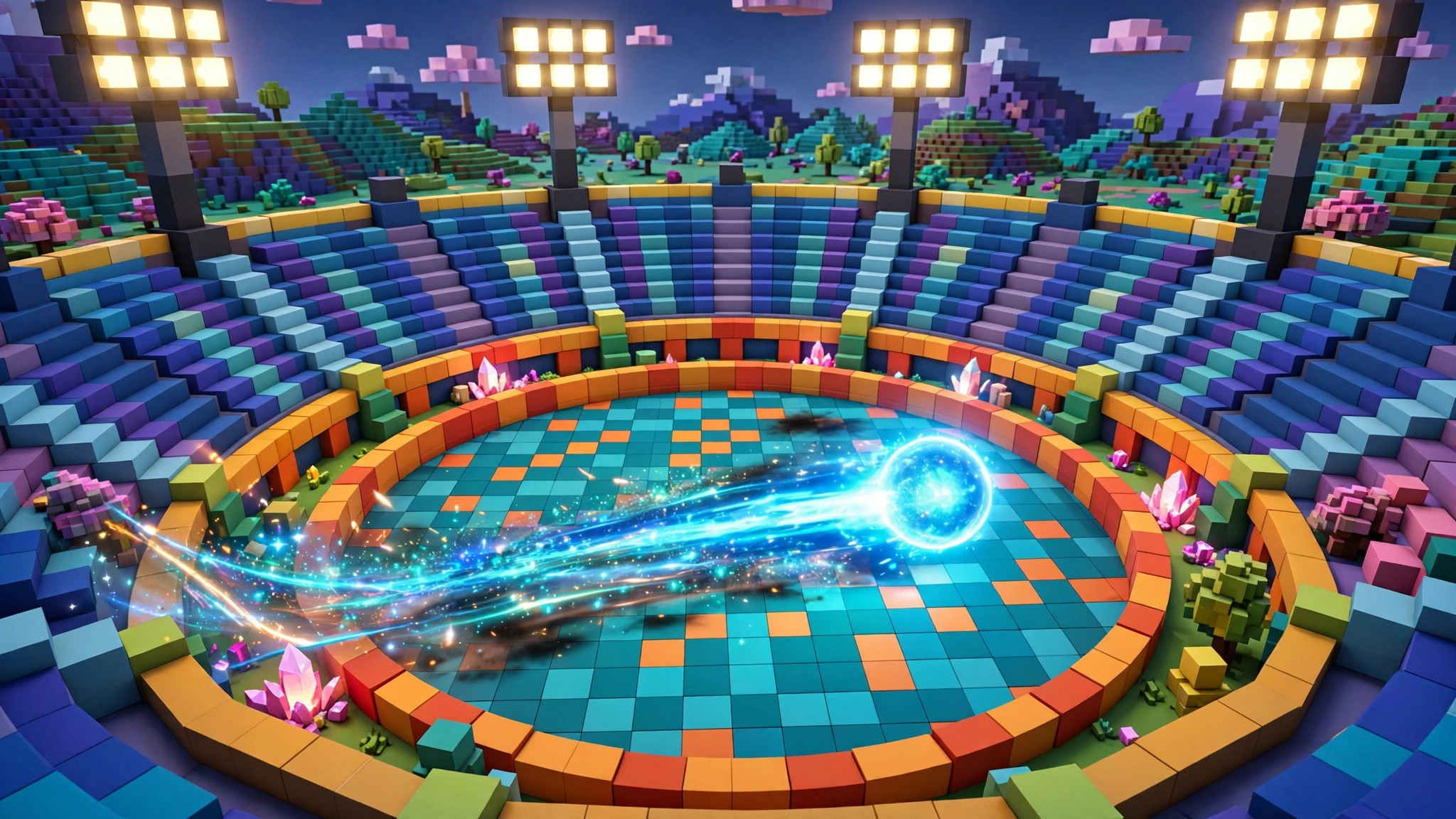 Spectator view from blocky stadium stands as a glowing energy ball streaks across the arena with a long motion trail